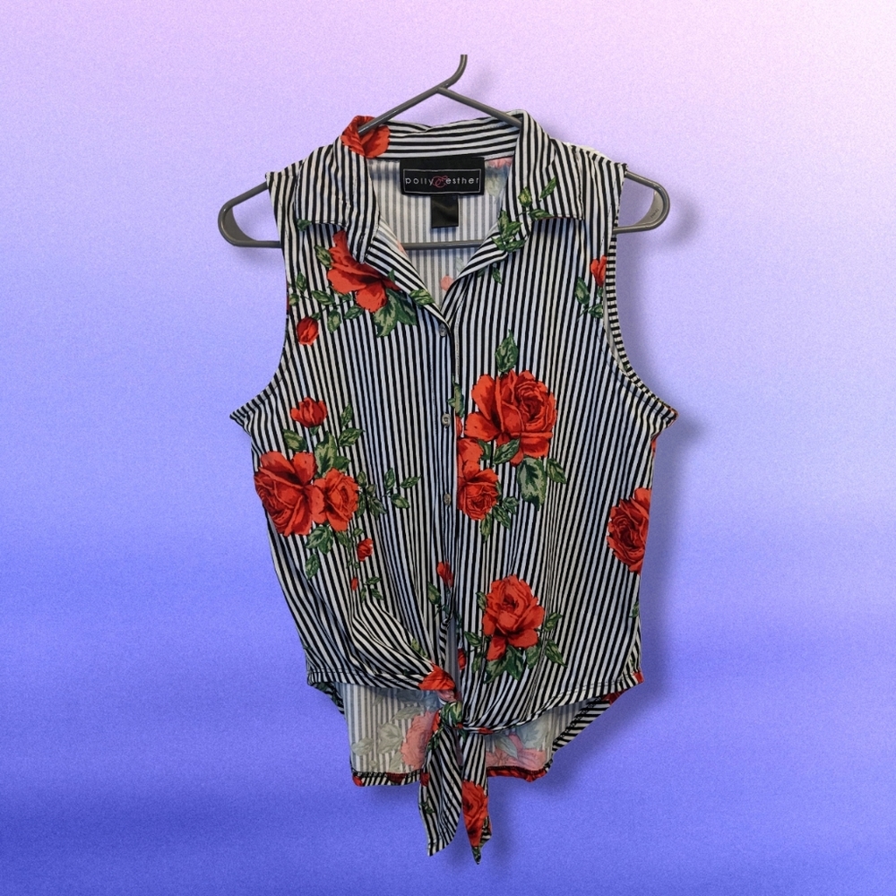 EUC Poly & Esther Roses Tie Front Tank Top